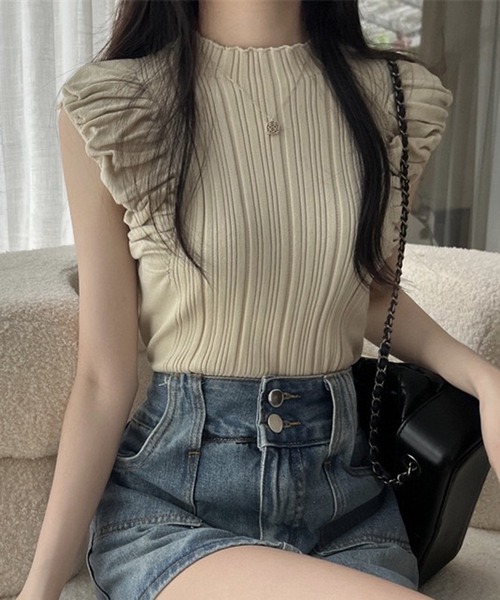 VIBGYOR（ヴィブジョー）の「【EIZZ/アイズ】フリルスリーブ リブニット ノースリーブトップス（Tシャツ/カットソー・レディース・アイボリー/オフホワイト/ブラウン/ブラック・FREE）」の3枚目の写真