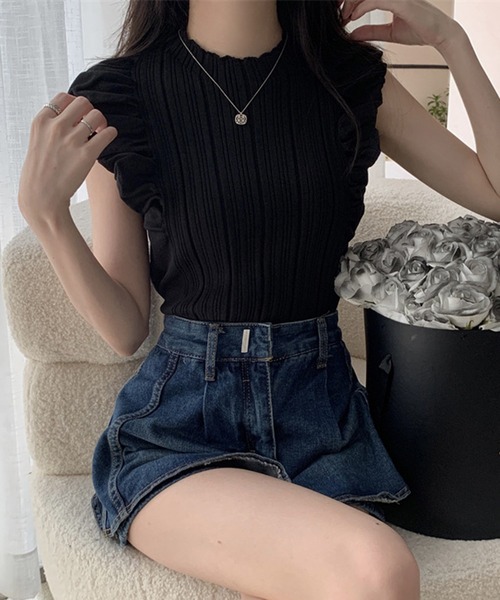 VIBGYOR（ヴィブジョー）の「【EIZZ/アイズ】フリルスリーブ リブニット ノースリーブトップス（Tシャツ/カットソー・レディース・アイボリー/オフホワイト/ブラウン/ブラック・FREE）」の4枚目の写真