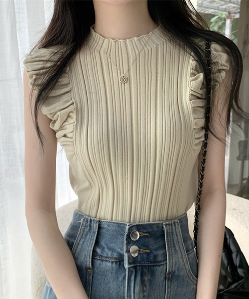 VIBGYOR（ヴィブジョー）の「【EIZZ/アイズ】フリルスリーブ リブニット ノースリーブトップス（Tシャツ/カットソー・レディース・アイボリー/オフホワイト/ブラウン/ブラック・FREE）」の5枚目の写真