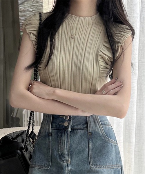 VIBGYOR（ヴィブジョー）の「【EIZZ/アイズ】フリルスリーブ リブニット ノースリーブトップス（Tシャツ/カットソー・レディース・アイボリー/オフホワイト/ブラウン/ブラック・FREE）」の6枚目の写真