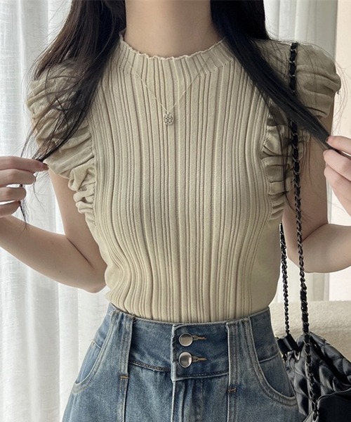 VIBGYOR（ヴィブジョー）の「【EIZZ/アイズ】フリルスリーブ リブニット ノースリーブトップス（Tシャツ/カットソー・レディース・アイボリー/オフホワイト/ブラウン/ブラック・FREE）」の7枚目の写真