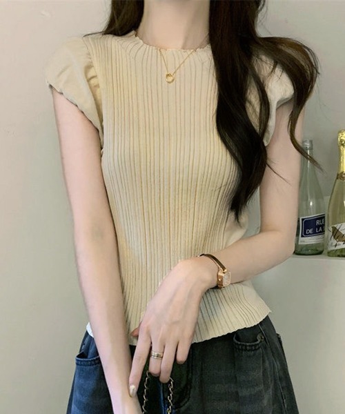 VIBGYOR（ヴィブジョー）の「【EIZZ/アイズ】フリルスリーブ リブニット ノースリーブトップス（Tシャツ/カットソー・レディース・アイボリー/オフホワイト/ブラウン/ブラック・FREE）」の8枚目の写真