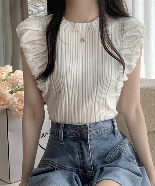 VIBGYOR（ヴィブジョー）の「【EIZZ/アイズ】フリルスリーブ リブニット ノースリーブトップス（Tシャツ/カットソー・レディース・アイボリー/オフホワイト/ブラウン/ブラック・FREE）」の9枚目の写真