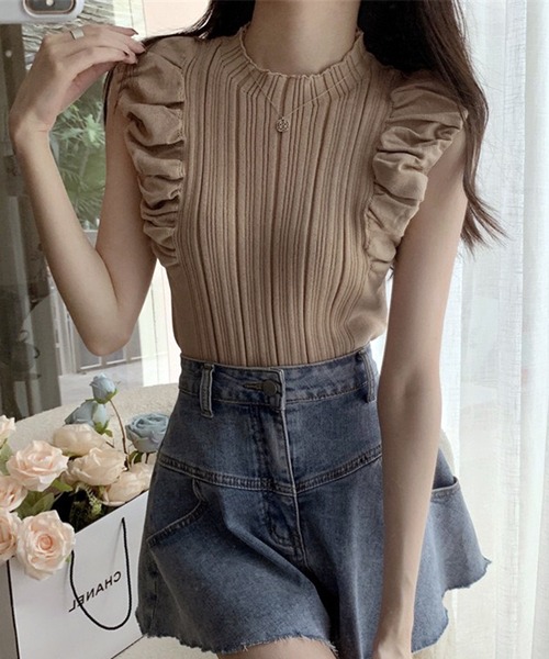 VIBGYOR（ヴィブジョー）の「【EIZZ/アイズ】フリルスリーブ リブニット ノースリーブトップス（Tシャツ/カットソー・レディース・アイボリー/オフホワイト/ブラウン/ブラック・FREE）」の14枚目の写真