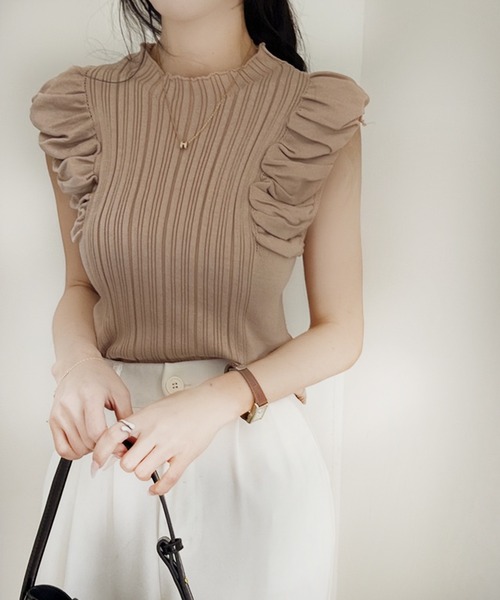 VIBGYOR（ヴィブジョー）の「【EIZZ/アイズ】フリルスリーブ リブニット ノースリーブトップス（Tシャツ/カットソー・レディース・アイボリー/オフホワイト/ブラウン/ブラック・FREE）」の16枚目の写真