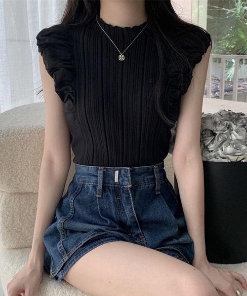 VIBGYOR（ヴィブジョー）の「【EIZZ/アイズ】フリルスリーブ リブニット ノースリーブトップス（Tシャツ/カットソー・レディース・アイボリー/オフホワイト/ブラウン/ブラック・FREE）」の19枚目の写真