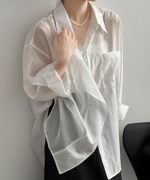 Forcement(フォースメント)の「大人のフリルデザインワイドシアーシャツ(シャツ/ブラウス・レディース・ブラック/ホワイト/グリーン・FREE)」の1枚目の写真