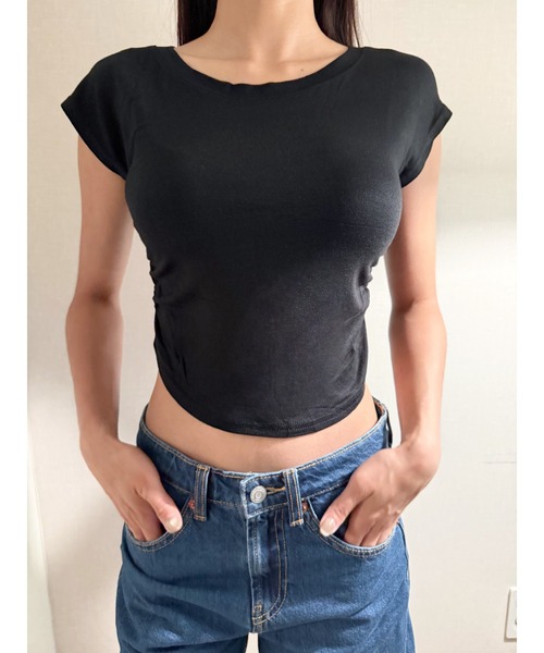 KONVINI（コンビニ）の「シャーリングTシャツ/shirring T-shirt（Tシャツ/カットソー・レディース・ホワイト/グレー/ブラック・FREE）」の2枚目の写真