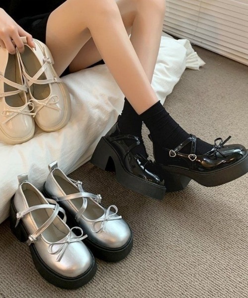 セール】厚底 リボンデザインヒールパンプス/シューズ（ローファー