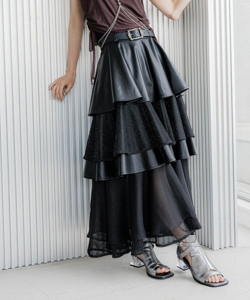 セール】フェイクレザーシアーティアードスカート(HARE