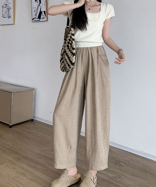 shoppinggo(ショッピングゴー)の「ワイドパンツ サマーパンツ 夏服 ストレート ウエストゴムパンツ(スウェットパンツ・レディース・ブラック/ブルー/カーキ/アイボリー/ピンク・M/L)」の22枚目の写真