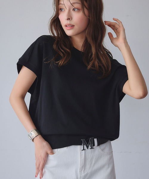 ELFRANK(エルフランク)の「綿混フレンチスリーブイレギュラーヘムシンプルカットソー(Tシャツ/カットソー・レディース・オフホワイト/グレイッシュベージュ/ブラック・L/M)」の3枚目の写真