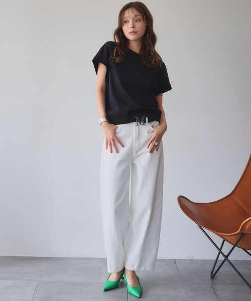 ELFRANK(エルフランク)の「綿混フレンチスリーブイレギュラーヘムシンプルカットソー(Tシャツ/カットソー・レディース・オフホワイト/グレイッシュベージュ/ブラック・L/M)」の10枚目の写真