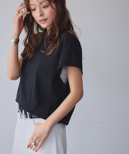 ELFRANK(エルフランク)の「綿混フレンチスリーブイレギュラーヘムシンプルカットソー(Tシャツ/カットソー・レディース・オフホワイト/グレイッシュベージュ/ブラック・L/M)」の12枚目の写真