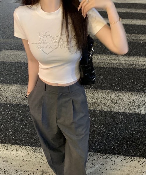 FUNdaysion（ファンデイション）の「ハートラインストーンショートTシャツ（Tシャツ/カットソー・レディース・ホワイト/ブラック・M）」の8枚目の写真