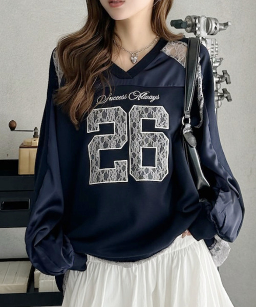 Ada.（エイダ）の「サテンレース使い ロゴ刺繍 長袖 ゲームシャツ（Tシャツ/カットソー・レディース・ホワイト/レッド/ネイビー/ブラック・FREE）」の15枚目の写真