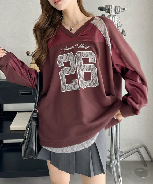 Ada.（エイダ）の「サテンレース使い ロゴ刺繍 長袖 ゲームシャツ（Tシャツ/カットソー・レディース・ホワイト/レッド/ネイビー/ブラック・FREE）」の6枚目の写真