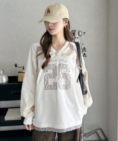 Ada.（エイダ）の「サテンレース使い ロゴ刺繍 長袖 ゲームシャツ（Tシャツ/カットソー・レディース・ホワイト/レッド/ネイビー/ブラック・FREE）」の10枚目の写真