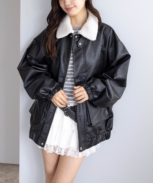 セール】ボア付きレザーロング丈ブルゾン［大人 カジュアル 着回し力