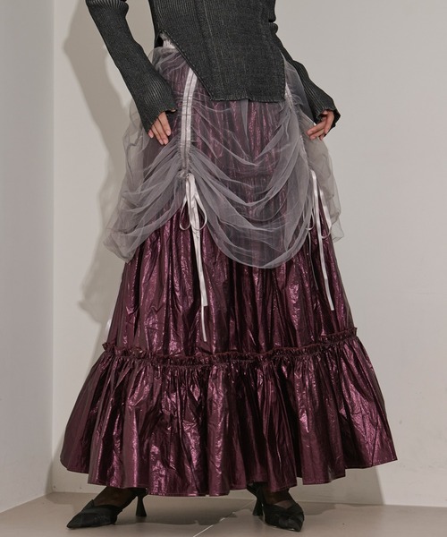Ezick（エジック）の「2way tulle layered メタリックティアードスカート（スカート・レディース・ブラック/パープル・FREE）」の2枚目の写真