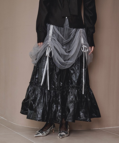 Ezick（エジック）の「2way tulle layered メタリックティアードスカート（スカート・レディース・ブラック/パープル・FREE）」の5枚目の写真