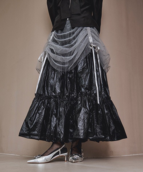 Ezick（エジック）の「2way tulle layered メタリックティアードスカート（スカート・レディース・ブラック/パープル・FREE）」の6枚目の写真