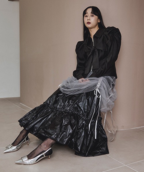 Ezick（エジック）の「2way tulle layered メタリックティアードスカート（スカート・レディース・ブラック/パープル・FREE）」の4枚目の写真