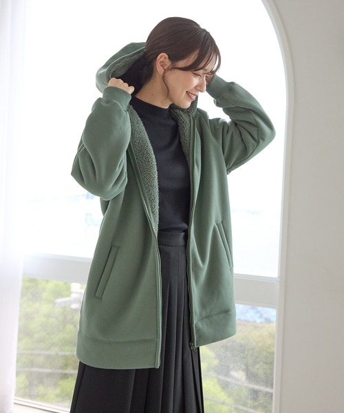 Honeys（ハニーズ）の「【ハニぽか】裏ボアロングパーカー（パーカー・レディース・グリーン/杢グレー/ベージュ/スミクロ・M/LL/L/3L/S）」の11枚目の写真