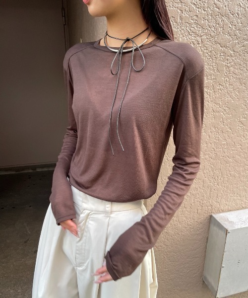 AIC.(エーアイシー)の「シアーリブ切り替えロンティー(Tシャツ/カットソー・レディース・ダークブラウン/オフホワイト/チャコールグレー/ブラック/ライトグレー・FREE)」の5枚目の写真