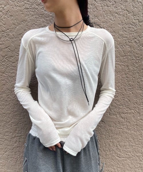 【新品未使用 2023年】ベイジ　切替異素材長袖カットソー ニット シアー 4 シアーリブ切り替えロンティー（Tシャツ/カットソー）｜AIC.（エーアイ