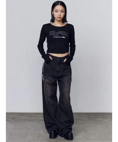 EMODA（エモダ）の「サイドパールルーズジーンズ（デニムパンツ・レディース・インディゴブルー/ブラック・SMALL/MEDIUM）」の11枚目の写真