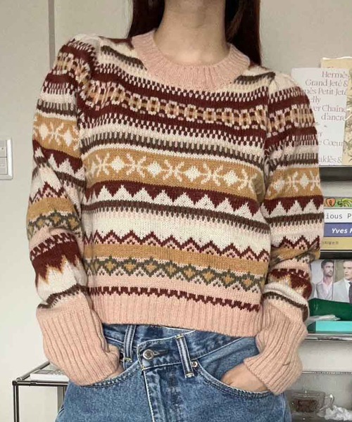 ノルディック柄 ベージュ 半袖ニット RAGEBLUE（レイジブルー） セーター ニット ノルディック柄/クルー