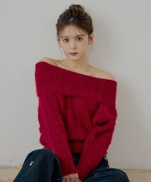 リブデザインオフショルルーズニット