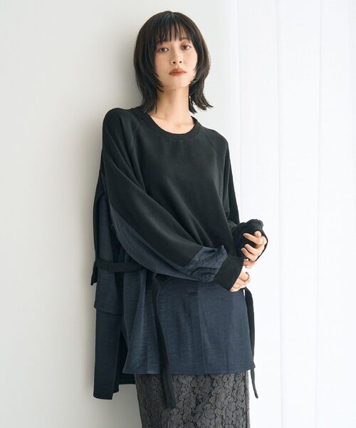 Editt by YECCA VECCA（エディットバイイェッカヴェッカ）の「素材MIXレイヤード起毛プルオーバー（スウェット・レディース・ブラック/グレー/チャコールグレー・FREE）」の6枚目の写真