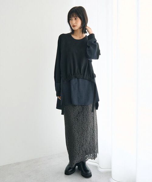 Editt by YECCA VECCA（エディットバイイェッカヴェッカ）の「素材MIXレイヤード起毛プルオーバー（スウェット・レディース・ブラック/グレー/チャコールグレー・FREE）」の15枚目の写真