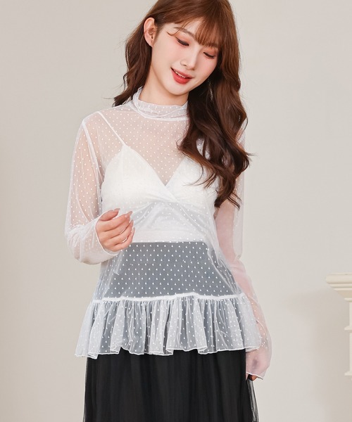 Lace Ladies(レースレディース)の「ドット柄 シアー ハイネック 裾フリル トップス(その他トップス・レディース・アイボリー/ブラック・FREE)」の1枚目の写真