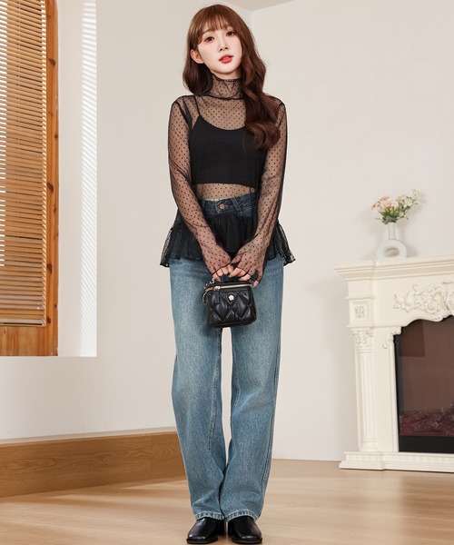 Lace Ladies(レースレディース)の「ドット柄 シアー ハイネック 裾フリル トップス(その他トップス・レディース・アイボリー/ブラック・FREE)」の14枚目の写真