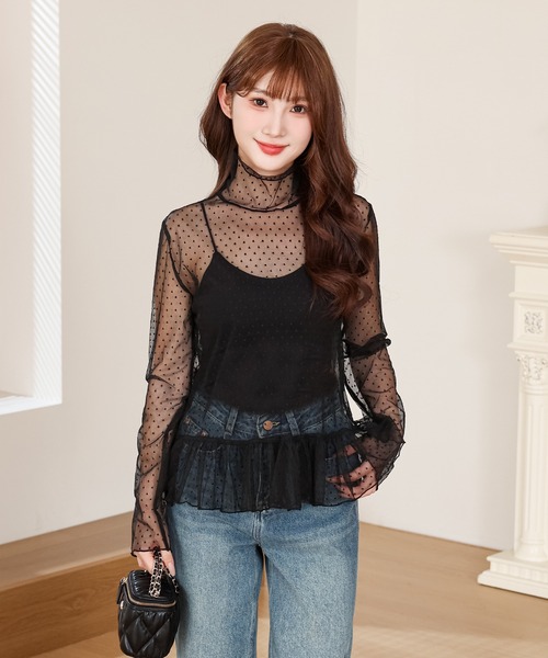 Lace Ladies(レースレディース)の「ドット柄 シアー ハイネック 裾フリル トップス(その他トップス・レディース・アイボリー/ブラック・FREE)」の13枚目の写真