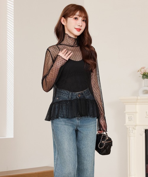 Lace Ladies(レースレディース)の「ドット柄 シアー ハイネック 裾フリル トップス(その他トップス・レディース・アイボリー/ブラック・FREE)」の11枚目の写真