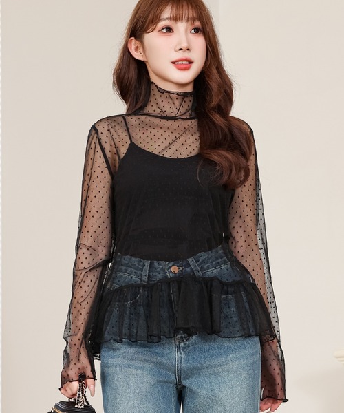 Lace Ladies(レースレディース)の「ドット柄 シアー ハイネック 裾フリル トップス(その他トップス・レディース・アイボリー/ブラック・FREE)」の10枚目の写真