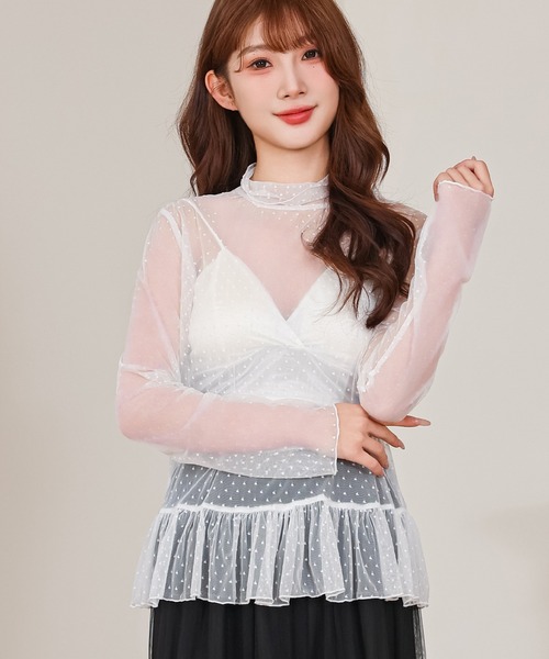 Lace Ladies(レースレディース)の「ドット柄 シアー ハイネック 裾フリル トップス(その他トップス・レディース・アイボリー/ブラック・FREE)」の9枚目の写真