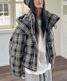 チェック柄　　ダウンコート　羽毛ジャケット　80%ダウンのコート ダウンジャケット/コート（ブルー・ネイビー/青色系・チェック柄