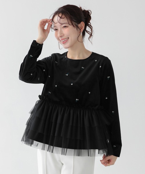 Fit more(フィットモア)の「ベロア刺繍チュールドッキングトップス(その他トップス・レディース・ブラック・FREE)」の1枚目の写真