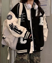 Ressaca | オーバーサイズサガラ刺繍スタジャン PUレザー切り替えブルゾン(スタジャン)