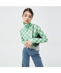 CHECKER BOARD TURTLENECK KNIT-GREEN