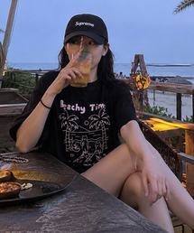 ビーチタイムキャットクルー半袖Tシャツ（ブラック）