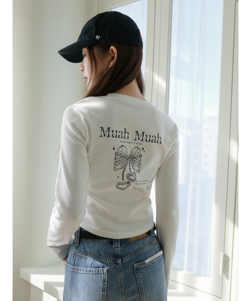 muahmuah（ムーアムーア）の「ハートストリングリボンクロップTシャツ[2色]（Tシャツ/カットソー・レディース・ブラック/アイボリー・FREE）」の19枚目の写真