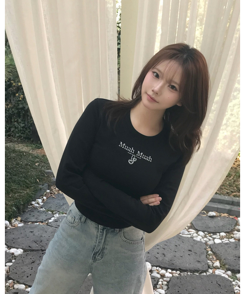 muahmuah（ムーアムーア）の「ハートストリングリボンクロップTシャツ[2色]（Tシャツ/カットソー・レディース・ブラック/アイボリー・FREE）」の10枚目の写真