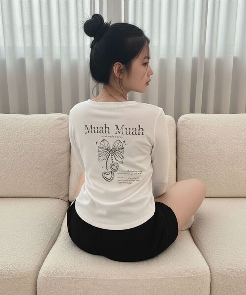 muahmuah（ムーアムーア）の「ハートストリングリボンクロップTシャツ[2色]（Tシャツ/カットソー・レディース・ブラック/アイボリー・FREE）」の12枚目の写真