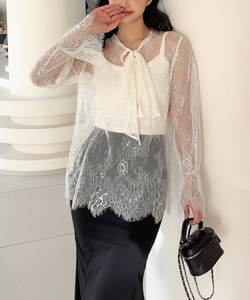 Jasmine Grandiflorum(ジャスミングランディフローラム)の「【Jasmine】レースリボンシアートップス (SS)(シャツ/ブラウス・レディース・アイボリー/ブラック・FREE)」の6枚目の写真